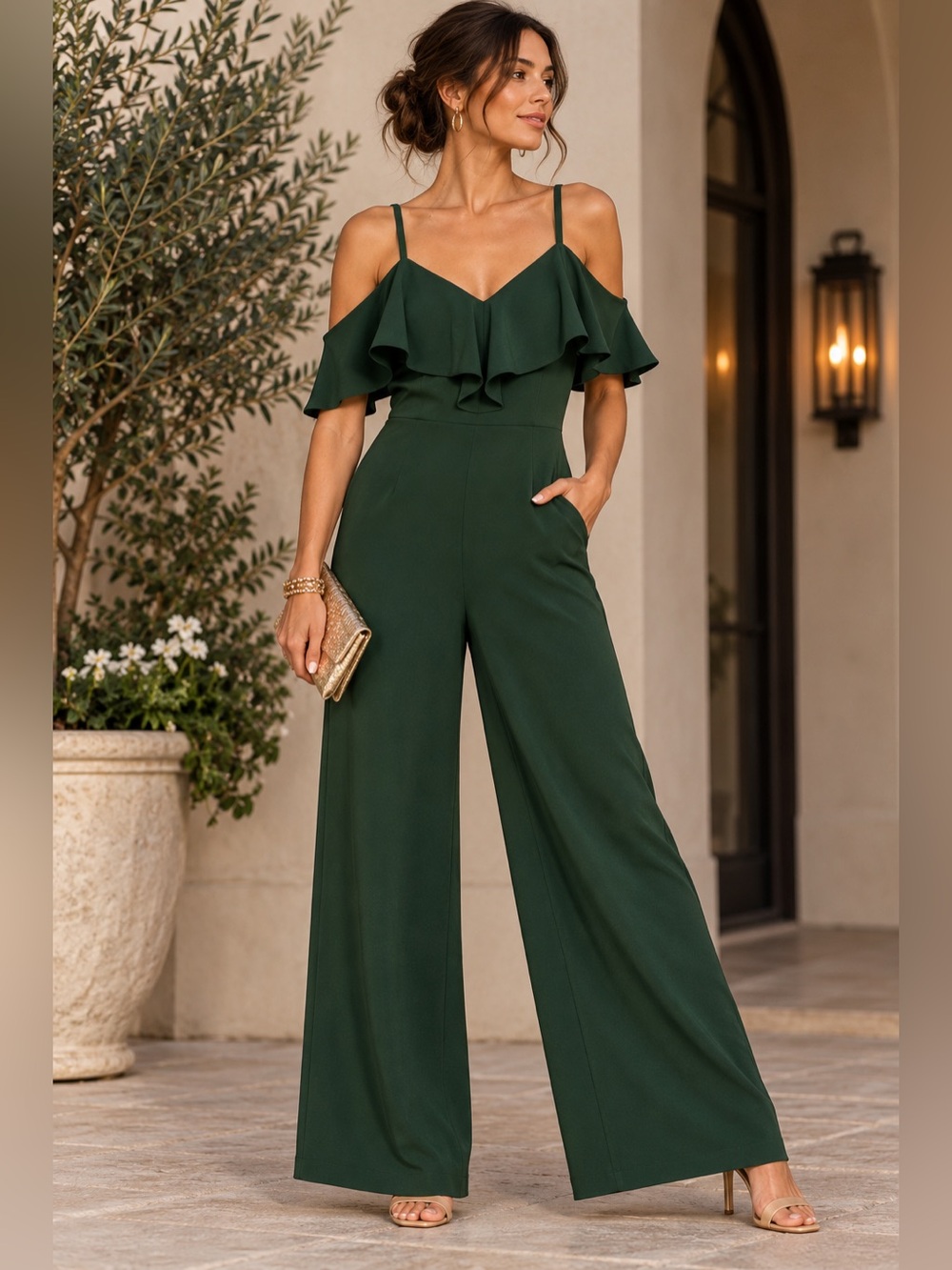 Rachel Rachel Roy Roma Spruce Green Wide Leg Jumpsuit Ruffle Cold Shoulder Pocke